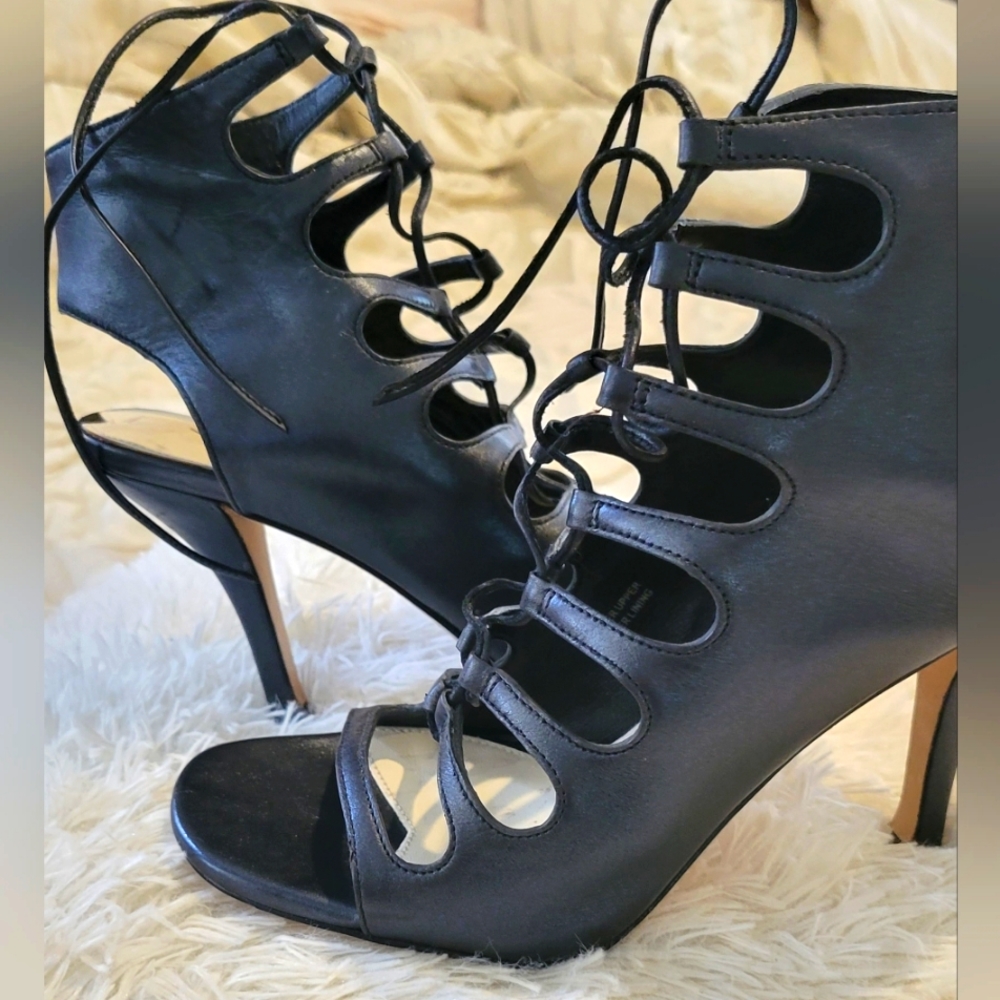 Via Spiga black Italian leather caged lace up heels Size 5.5
